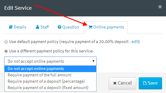 Service payment settings list arrow