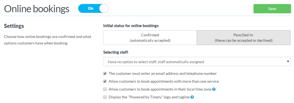Screenshot of online bookings settings page