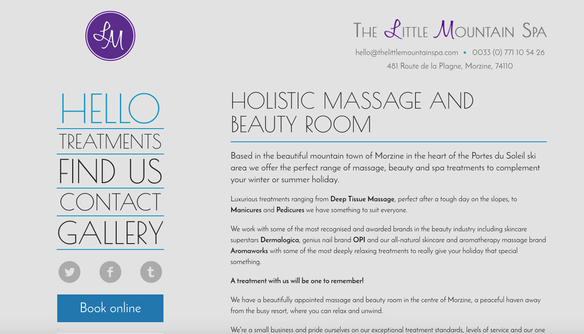 Home page of The Little Mountain Spa website with Timely booking button on sidebar navigation