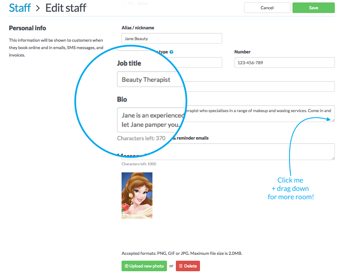 Adding a picture and a bio to your staff Timely profiles can help your clients connect to your business.